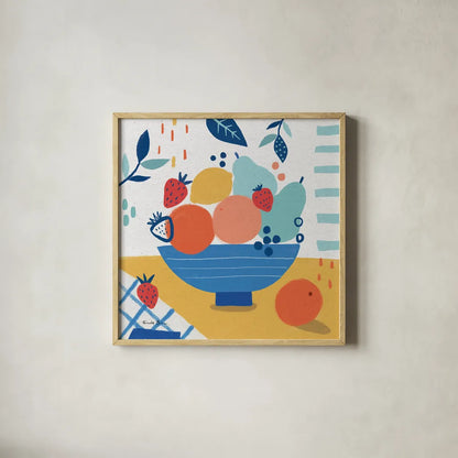 Fruit Still Life I by Farida Zaman. Shown in a natural wood glass frame for a timeless modern aesthetic. Available as an archival giclee rolled canvas, fine art paper, or poster print. SKU 77488a.