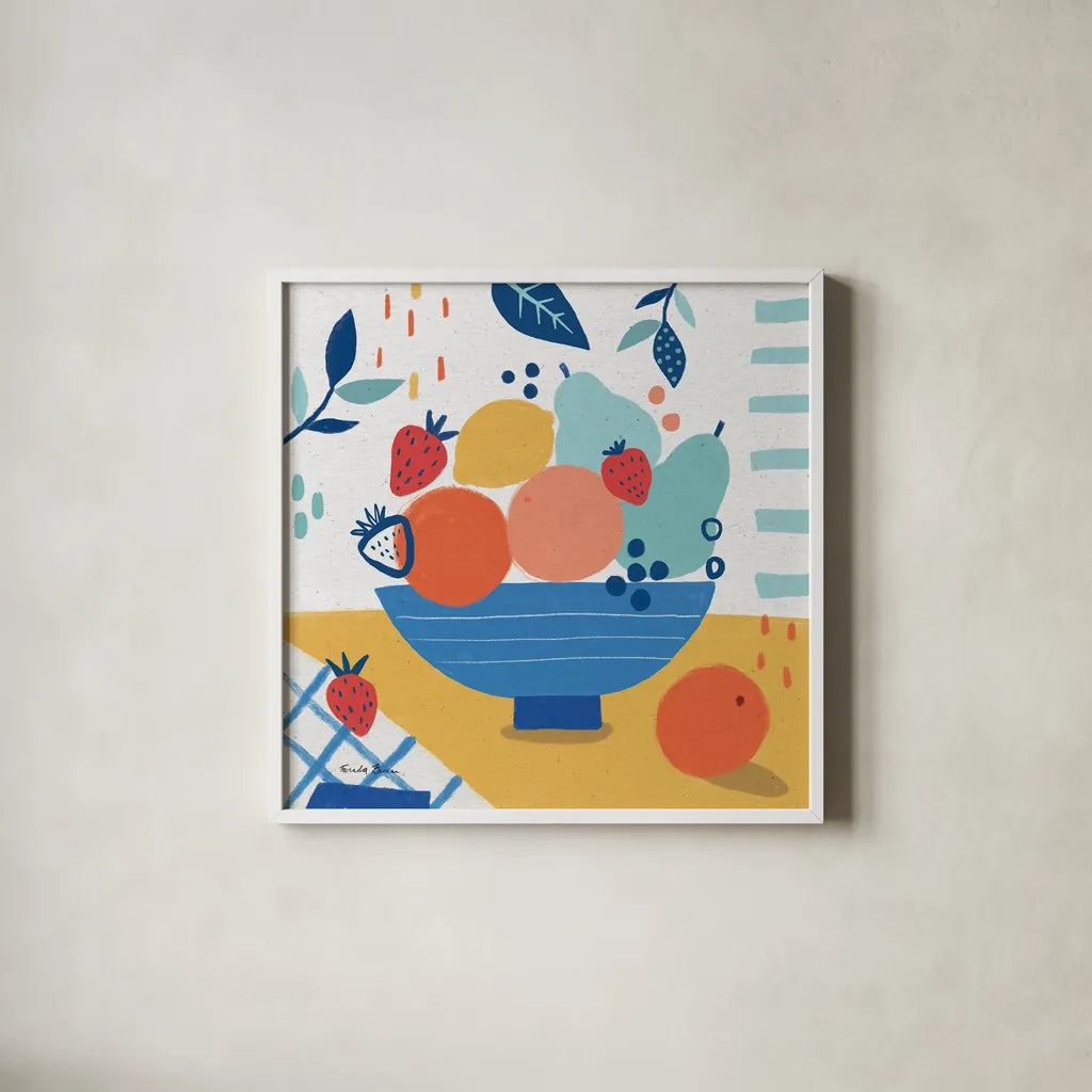 Fruit Still Life I by Farida Zaman. Shown in a crisp white glass frame for a clean and minimalist style. Available as an archival giclee rolled canvas, fine art paper, or poster print. SKU 77488a.