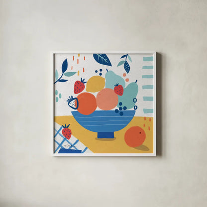 Fruit Still Life I by Farida Zaman. Shown in a crisp white glass frame for a clean and minimalist style. Available as an archival giclee rolled canvas, fine art paper, or poster print. SKU 77488a.