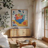 Fruit Still Life I by Farida Zaman. Shown in a natural wood frame in a cozy modern living room. Available as an archival giclee rolled canvas, fine art paper, or poster print. SKU 77488a.