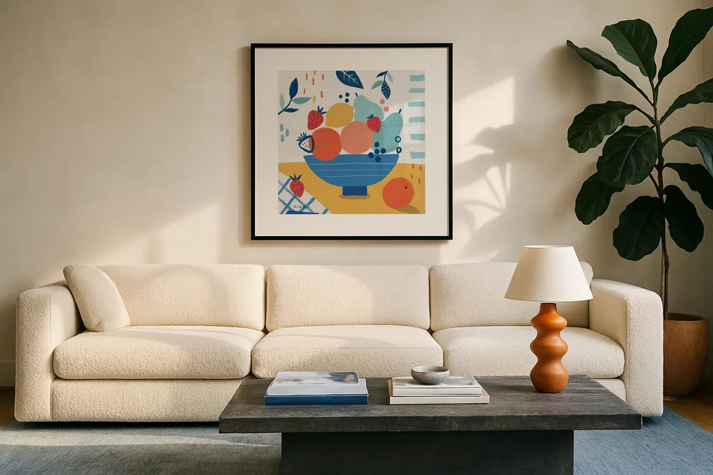 Fruit Still Life I by Farida Zaman. Displayed in a glass frame with matte in a clean modern living room. Available as an archival giclee rolled canvas, fine art paper, or poster print. SKU 77488a.