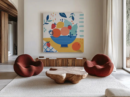 Fruit Still Life I by Farida Zaman. Shown as extra-large giant wall art in a modern living room. Available as an archival giclee rolled canvas, fine art paper, or poster print. SKU 77488a.