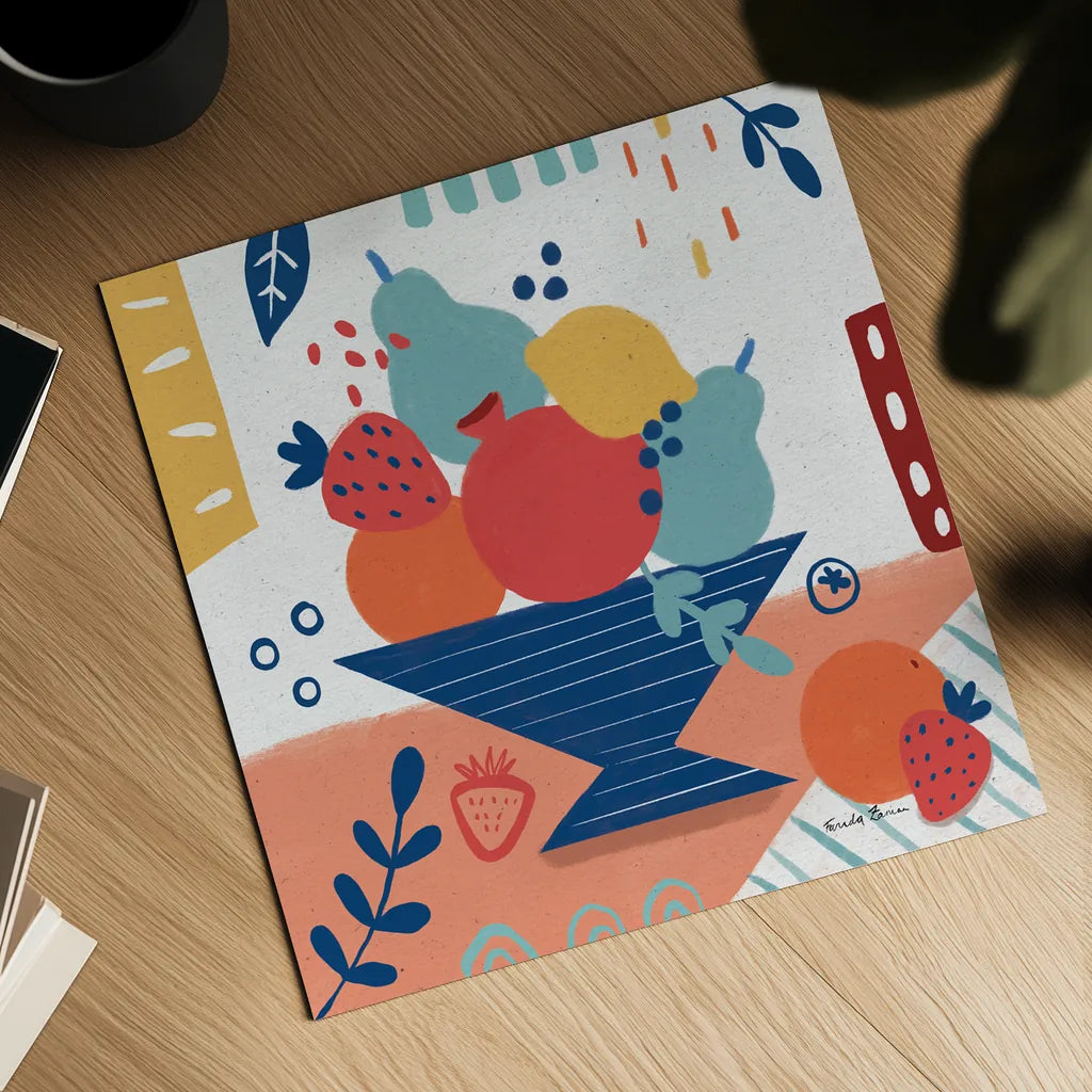 Fruit Still Life II by Farida Zaman. Shown as a detailed flat fine art print, highlighting archival giclee quality. Available as an archival giclee rolled canvas, fine art paper, or poster print. SKU 77489a.