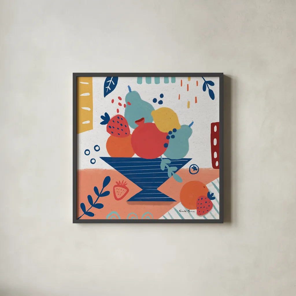 Fruit Still Life II by Farida Zaman. Shown in a sleek black glass frame for a contemporary gallery look. Available as an archival giclee rolled canvas, fine art paper, or poster print. SKU 77489a.