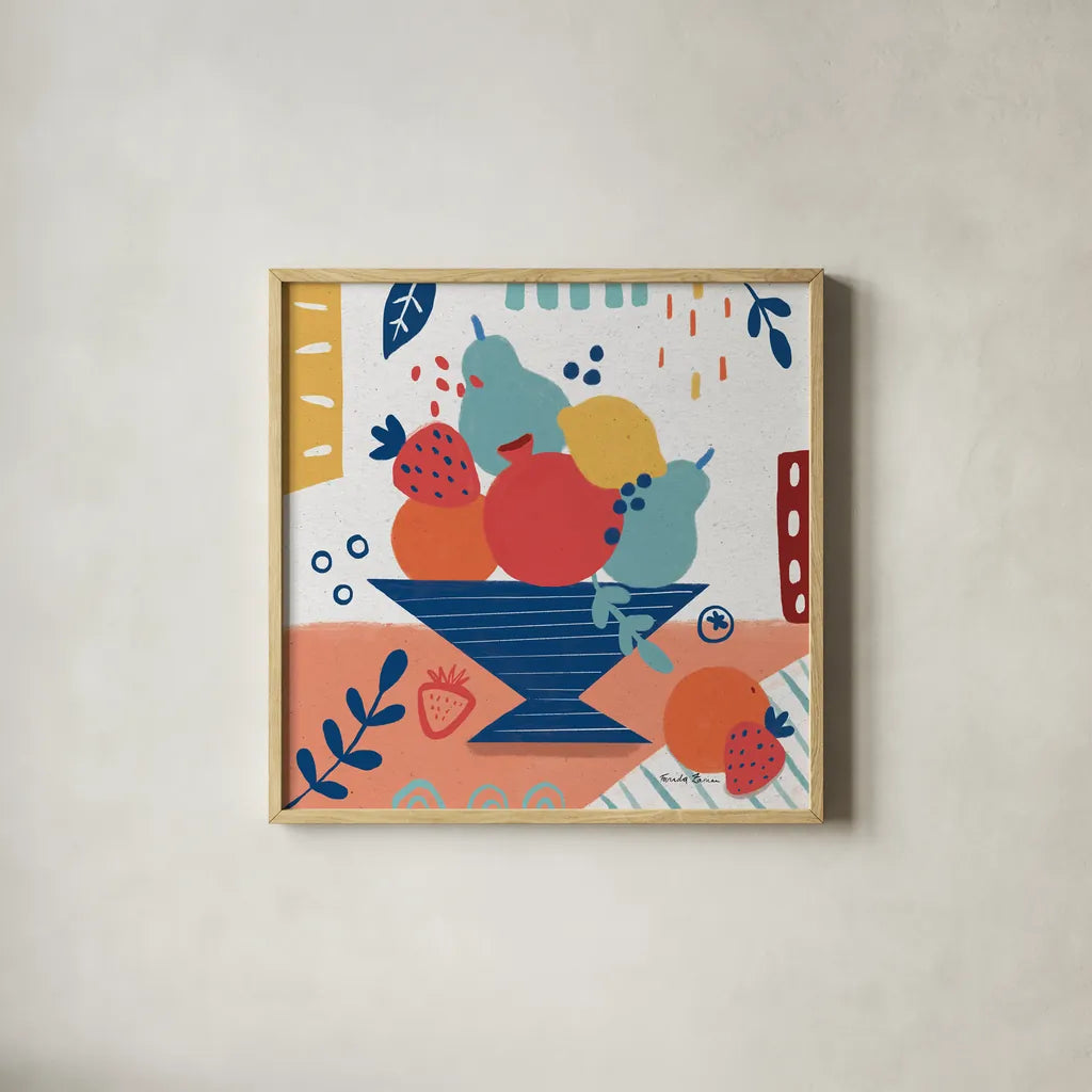 Fruit Still Life II by Farida Zaman. Shown in a natural wood glass frame for a timeless modern aesthetic. Available as an archival giclee rolled canvas, fine art paper, or poster print. SKU 77489a.