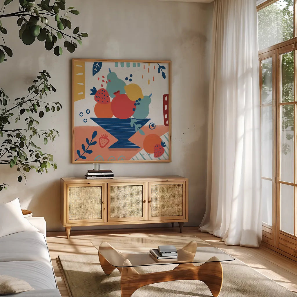 Fruit Still Life II by Farida Zaman. Shown in a natural wood frame in a cozy modern living room. Available as an archival giclee rolled canvas, fine art paper, or poster print. SKU 77489a.