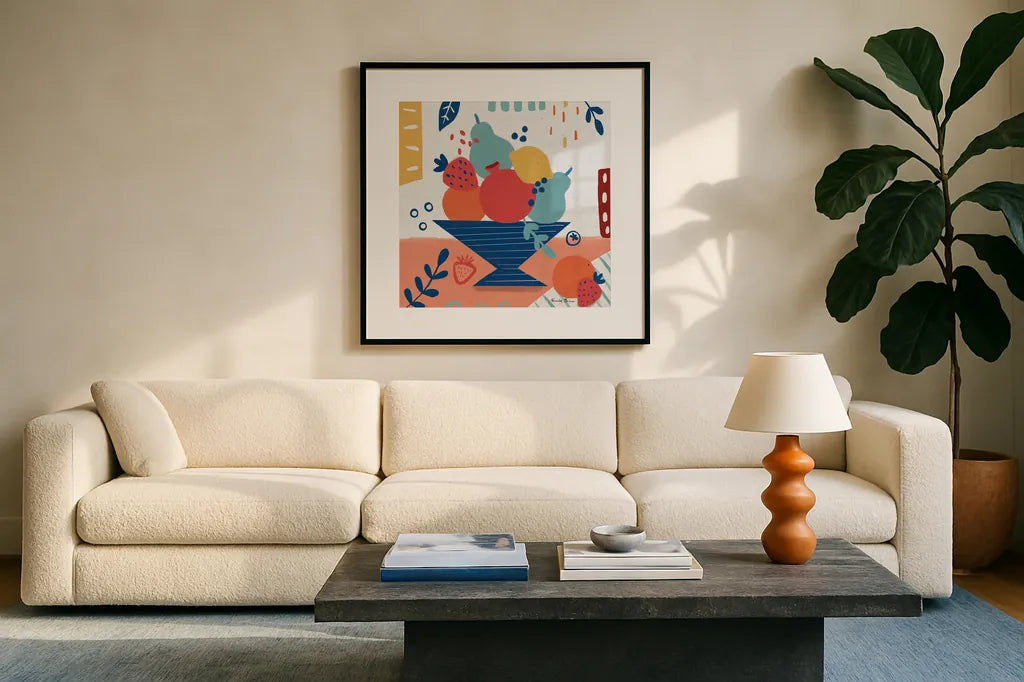 Fruit Still Life II by Farida Zaman. Displayed in a glass frame with matte in a clean modern living room. Available as an archival giclee rolled canvas, fine art paper, or poster print. SKU 77489a.