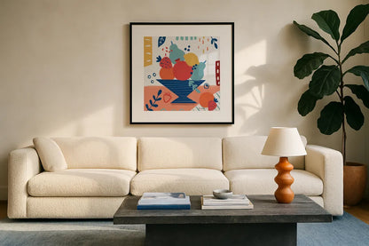 Fruit Still Life II by Farida Zaman. Displayed in a glass frame with matte in a clean modern living room. Available as an archival giclee rolled canvas, fine art paper, or poster print. SKU 77489a.