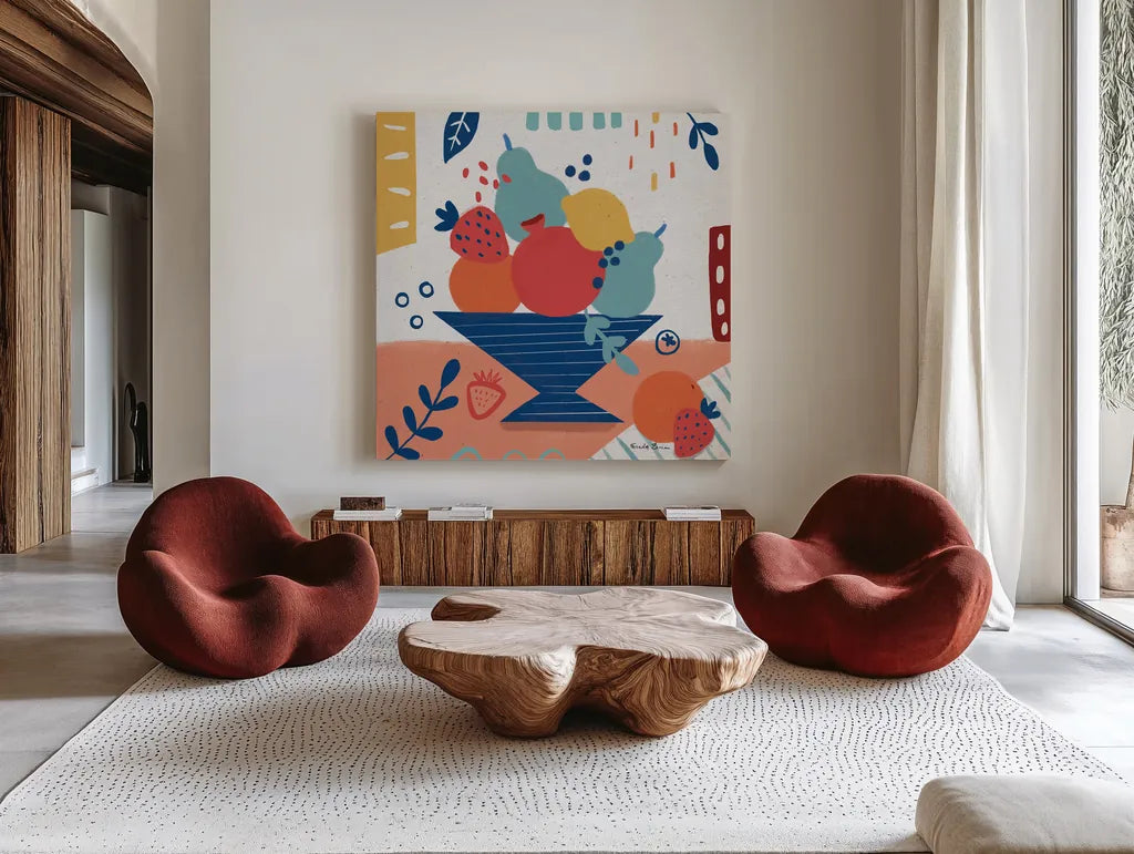 Fruit Still Life II by Farida Zaman. Shown as extra-large giant wall art in a modern living room. Available as an archival giclee rolled canvas, fine art paper, or poster print. SKU 77489a.