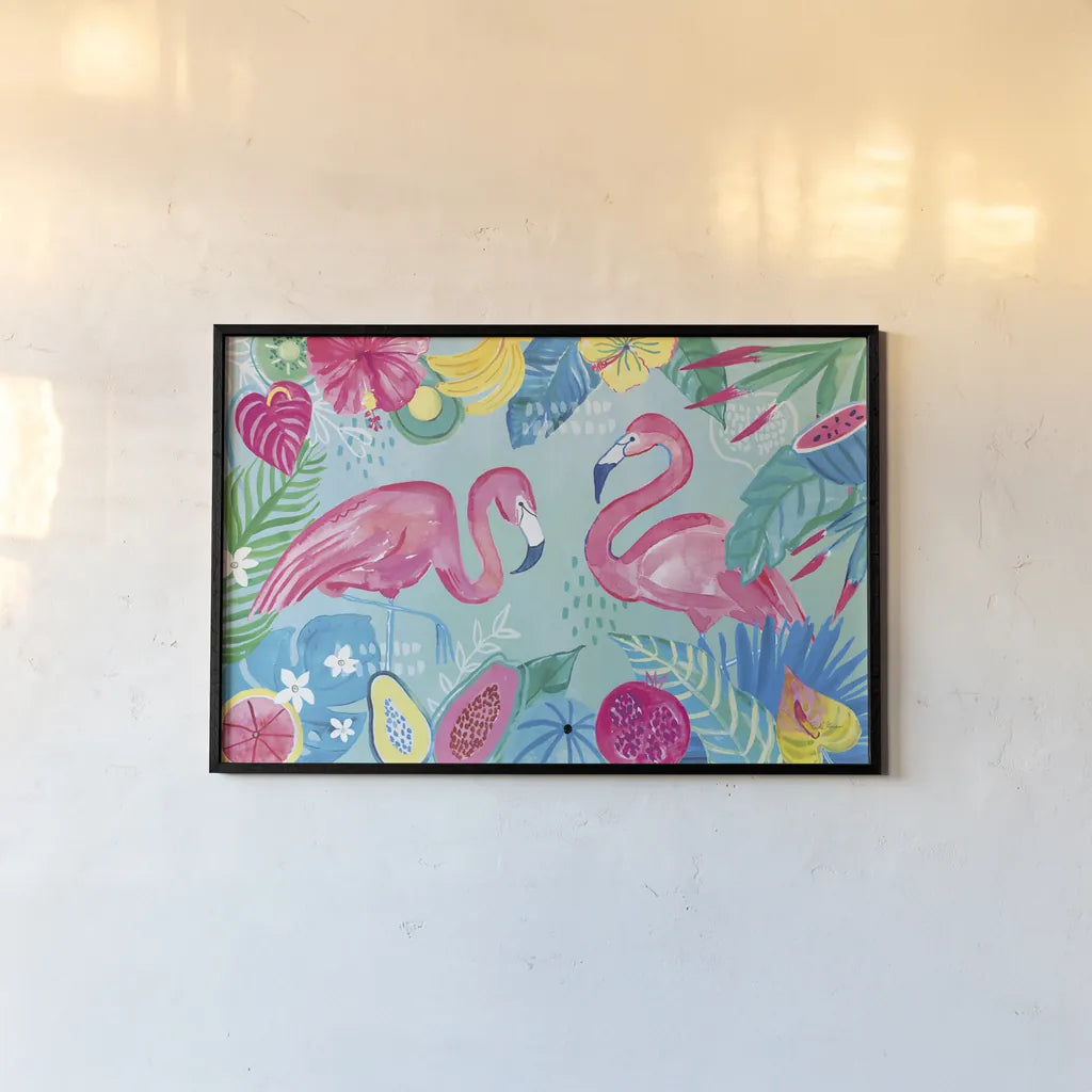 Fruity Flamingos I by Farida Zaman. shown as a paper print in a black flame. Available as a archival giclee rolled canvas, fine art paper, or poster print. SKU 74746i.