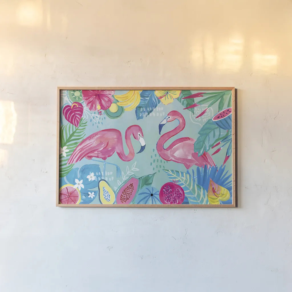 Fruity Flamingos I by Farida Zaman. shown as a paper print in a natural frame. Available as a archival giclee rolled canvas, fine art paper, or poster print. SKU 74746i.