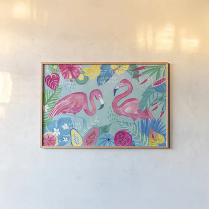 Fruity Flamingos I by Farida Zaman. shown as a paper print in a natural frame. Available as a archival giclee rolled canvas, fine art paper, or poster print. SKU 74746i.