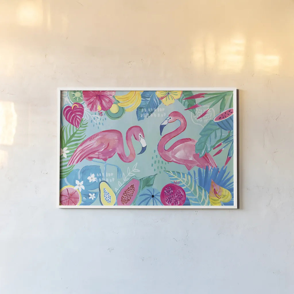 Fruity Flamingos I by Farida Zaman. shown as a paper print in a white frame. Available as a archival giclee rolled canvas, fine art paper, or poster print. SKU 74746i.