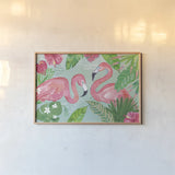 Fruity Flamingos I v2 by Farida Zaman. shown as a paper print in a natural frame. Available as a archival giclee rolled canvas, fine art paper, or poster print. SKU 94216i.