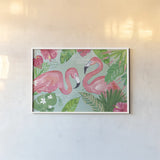 Fruity Flamingos I v2 by Farida Zaman. shown as a paper print in a white frame. Available as a archival giclee rolled canvas, fine art paper, or poster print. SKU 94216i.