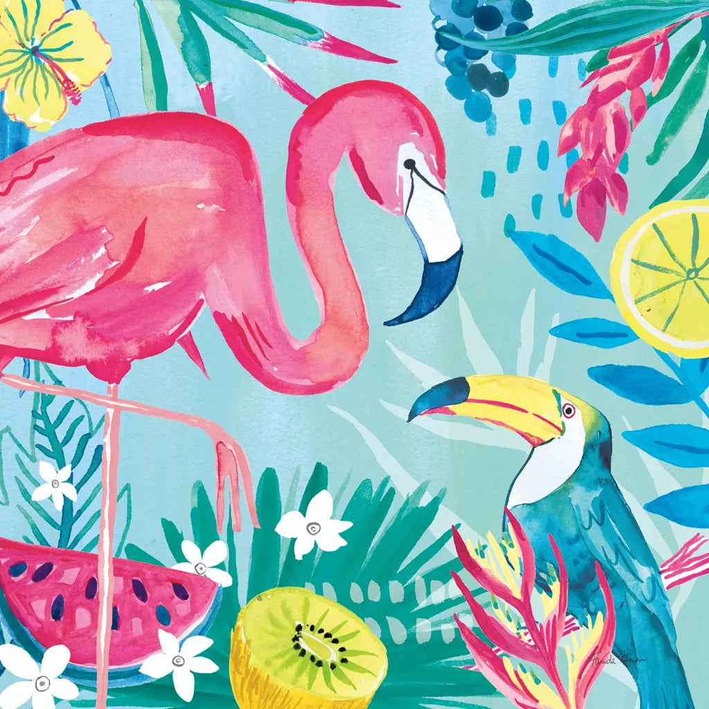 Fruity Flamingos II by Farida Zaman. SKU 74747a. Archival Giclee Fine art print for wall decor.