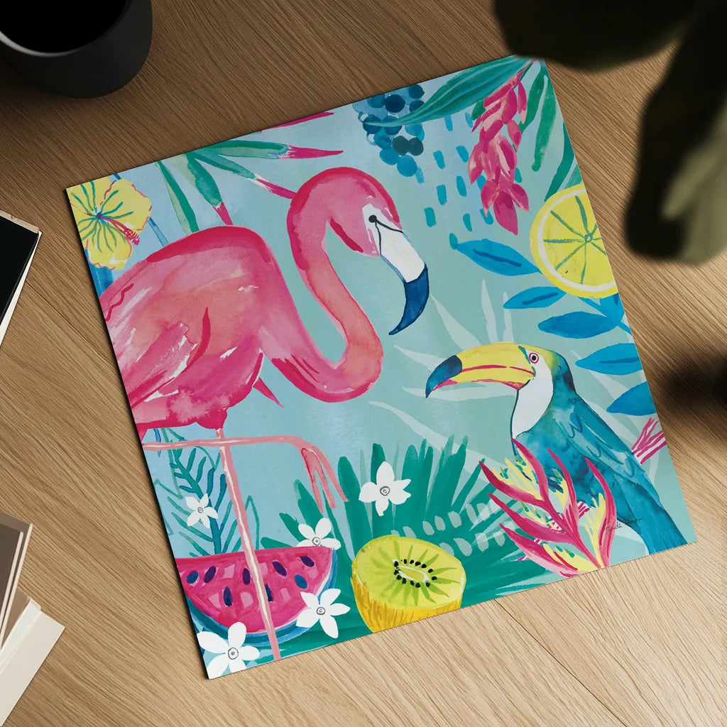 Fruity Flamingos II by Farida Zaman. Shown as a detailed flat fine art print, highlighting archival giclee quality. Available as an archival giclee rolled canvas, fine art paper, or poster print. SKU 74747a.