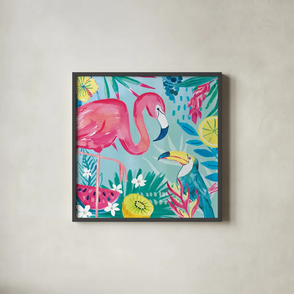 Fruity Flamingos II by Farida Zaman. Shown in a sleek black glass frame for a contemporary gallery look. Available as an archival giclee rolled canvas, fine art paper, or poster print. SKU 74747a.