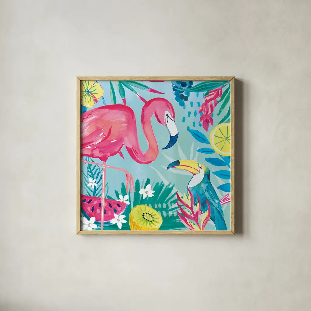 Fruity Flamingos II by Farida Zaman. Shown in a natural wood glass frame for a timeless modern aesthetic. Available as an archival giclee rolled canvas, fine art paper, or poster print. SKU 74747a.