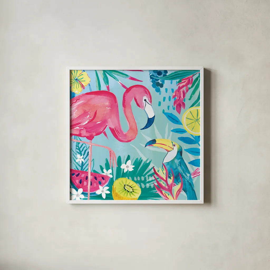 Fruity Flamingos II by Farida Zaman. Shown in a crisp white glass frame for a clean and minimalist style. Available as an archival giclee rolled canvas, fine art paper, or poster print. SKU 74747a.