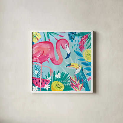 Fruity Flamingos II by Farida Zaman. Shown in a crisp white glass frame for a clean and minimalist style. Available as an archival giclee rolled canvas, fine art paper, or poster print. SKU 74747a.