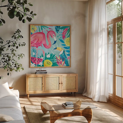 Fruity Flamingos II by Farida Zaman. Shown in a natural wood frame in a cozy modern living room. Available as an archival giclee rolled canvas, fine art paper, or poster print. SKU 74747a.