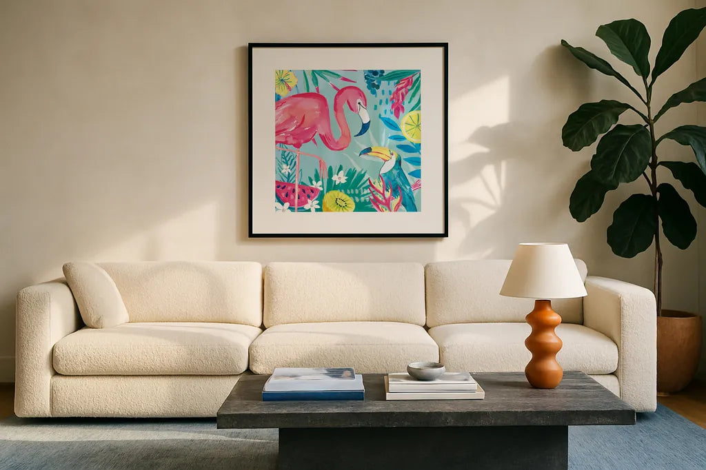 Fruity Flamingos II by Farida Zaman. Displayed in a glass frame with matte in a clean modern living room. Available as an archival giclee rolled canvas, fine art paper, or poster print. SKU 74747a.