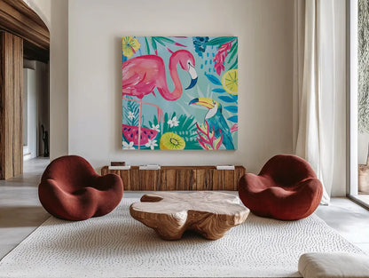 Fruity Flamingos II by Farida Zaman. Shown as extra-large giant wall art in a modern living room. Available as an archival giclee rolled canvas, fine art paper, or poster print. SKU 74747a.