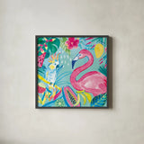Fruity Flamingos III by Farida Zaman. Shown in a sleek black glass frame for a contemporary gallery look. Available as an archival giclee rolled canvas, fine art paper, or poster print. SKU 74748a.