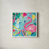 Fruity Flamingos III by Farida Zaman. Shown in a crisp white glass frame for a clean and minimalist style. Available as an archival giclee rolled canvas, fine art paper, or poster print. SKU 74748a.
