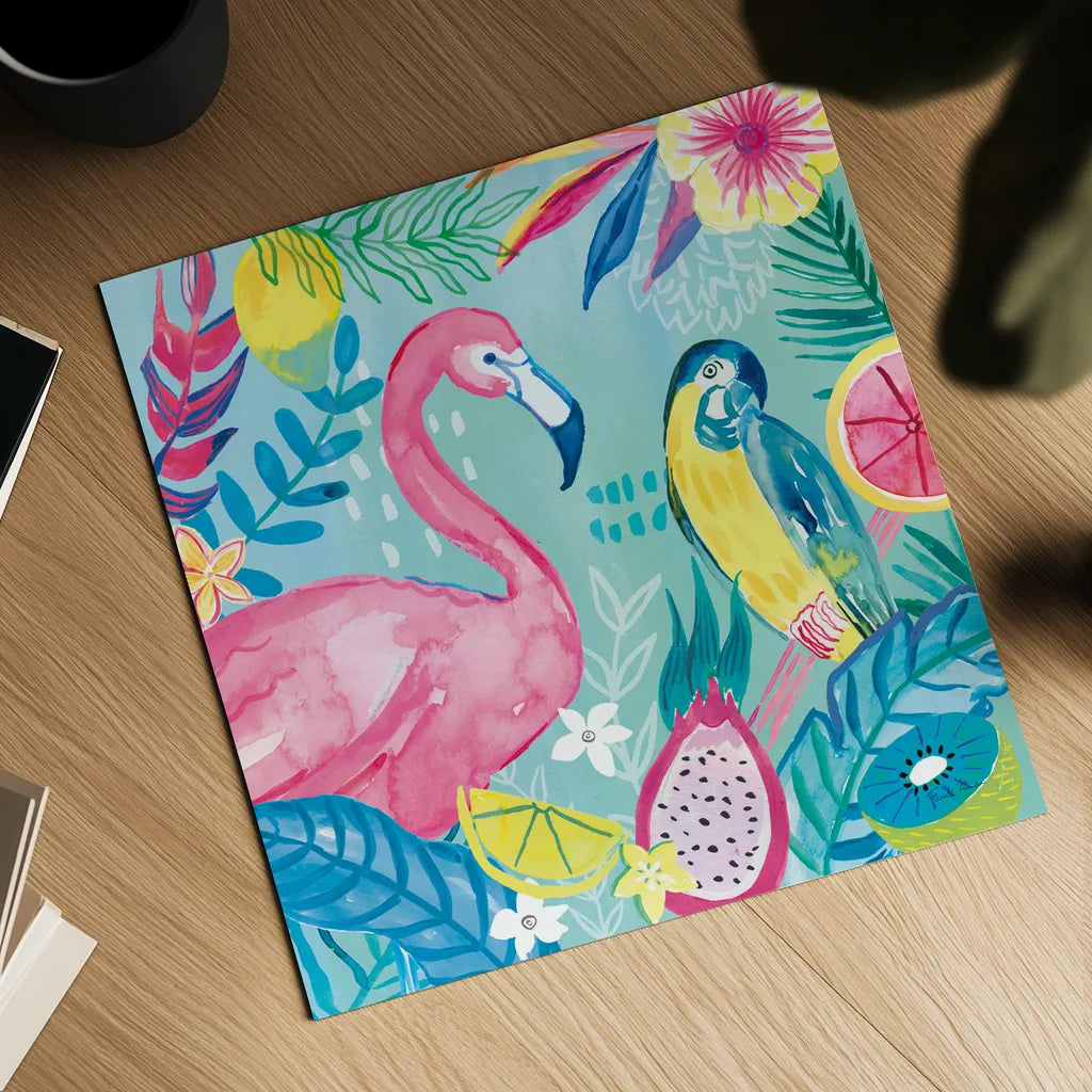 Fruity Flamingos IV by Farida Zaman. Shown as a detailed flat fine art print, highlighting archival giclee quality. Available as an archival giclee rolled canvas, fine art paper, or poster print. SKU 74749a.