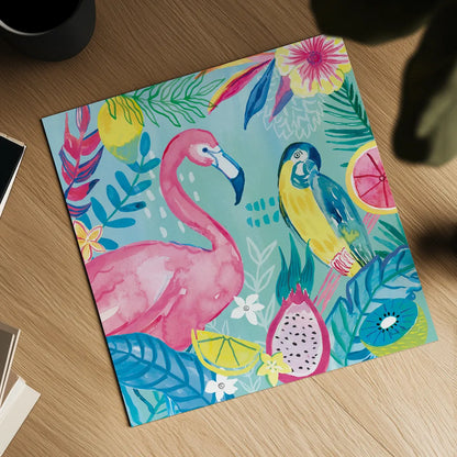 Fruity Flamingos IV by Farida Zaman. Shown as a detailed flat fine art print, highlighting archival giclee quality. Available as an archival giclee rolled canvas, fine art paper, or poster print. SKU 74749a.