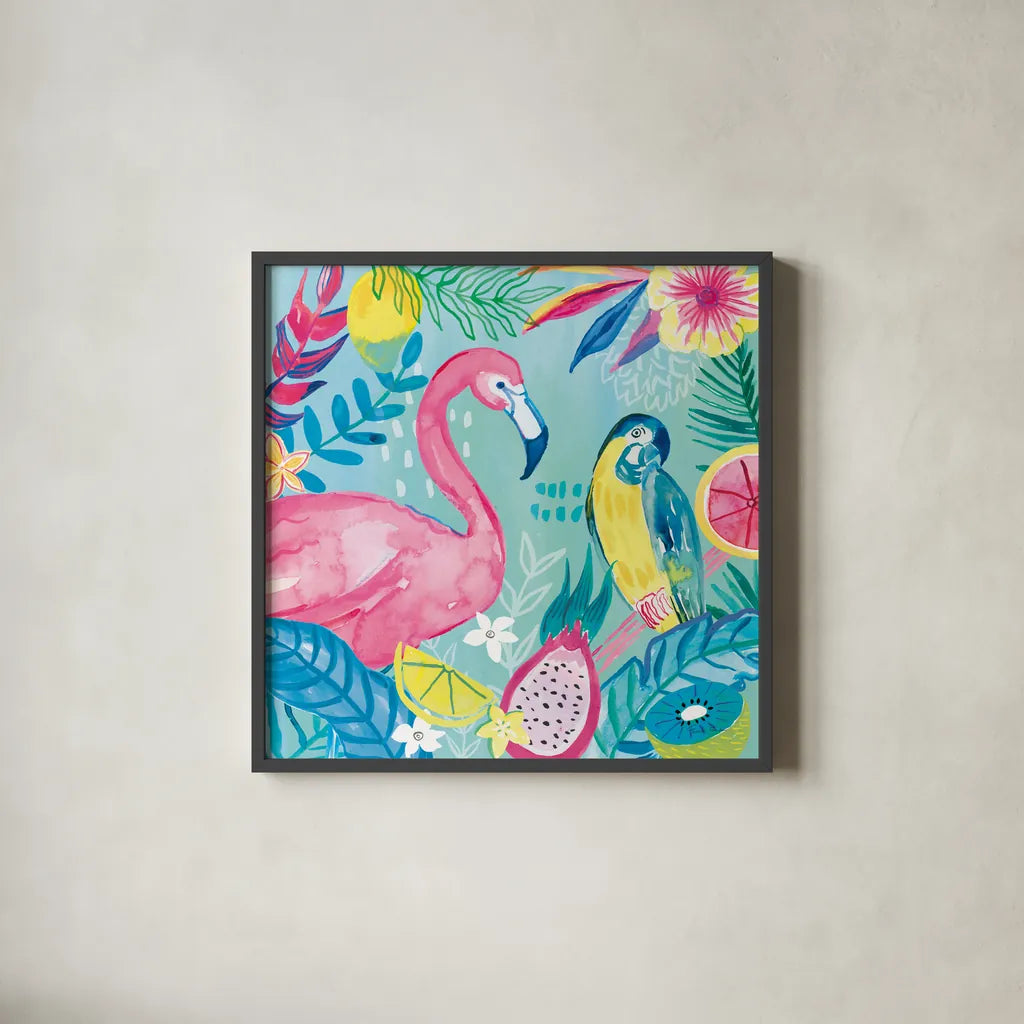 Fruity Flamingos IV by Farida Zaman. Shown in a sleek black glass frame for a contemporary gallery look. Available as an archival giclee rolled canvas, fine art paper, or poster print. SKU 74749a.