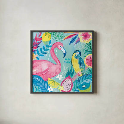 Fruity Flamingos IV by Farida Zaman. Shown in a sleek black glass frame for a contemporary gallery look. Available as an archival giclee rolled canvas, fine art paper, or poster print. SKU 74749a.