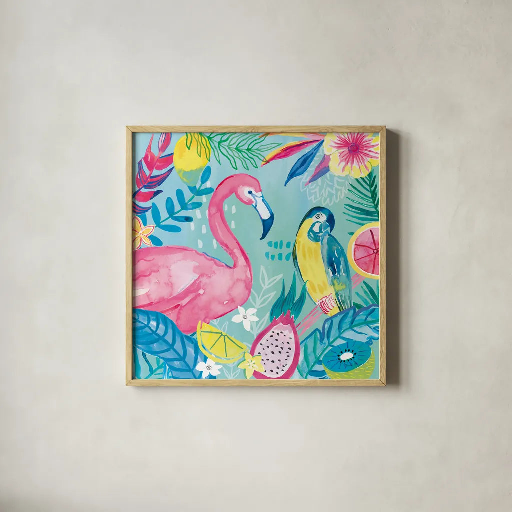 Fruity Flamingos IV by Farida Zaman. Shown in a natural wood glass frame for a timeless modern aesthetic. Available as an archival giclee rolled canvas, fine art paper, or poster print. SKU 74749a.