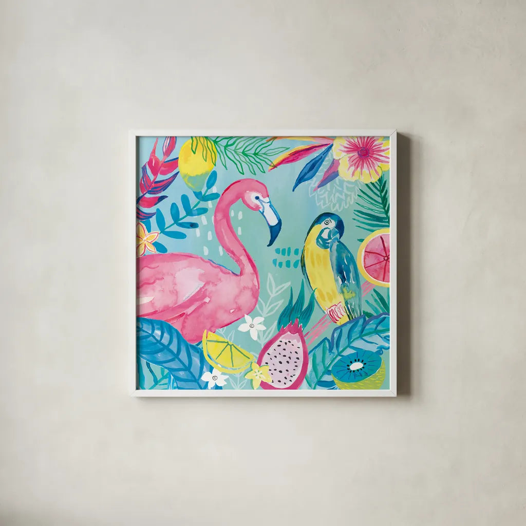 Fruity Flamingos IV by Farida Zaman. Shown in a crisp white glass frame for a clean and minimalist style. Available as an archival giclee rolled canvas, fine art paper, or poster print. SKU 74749a.