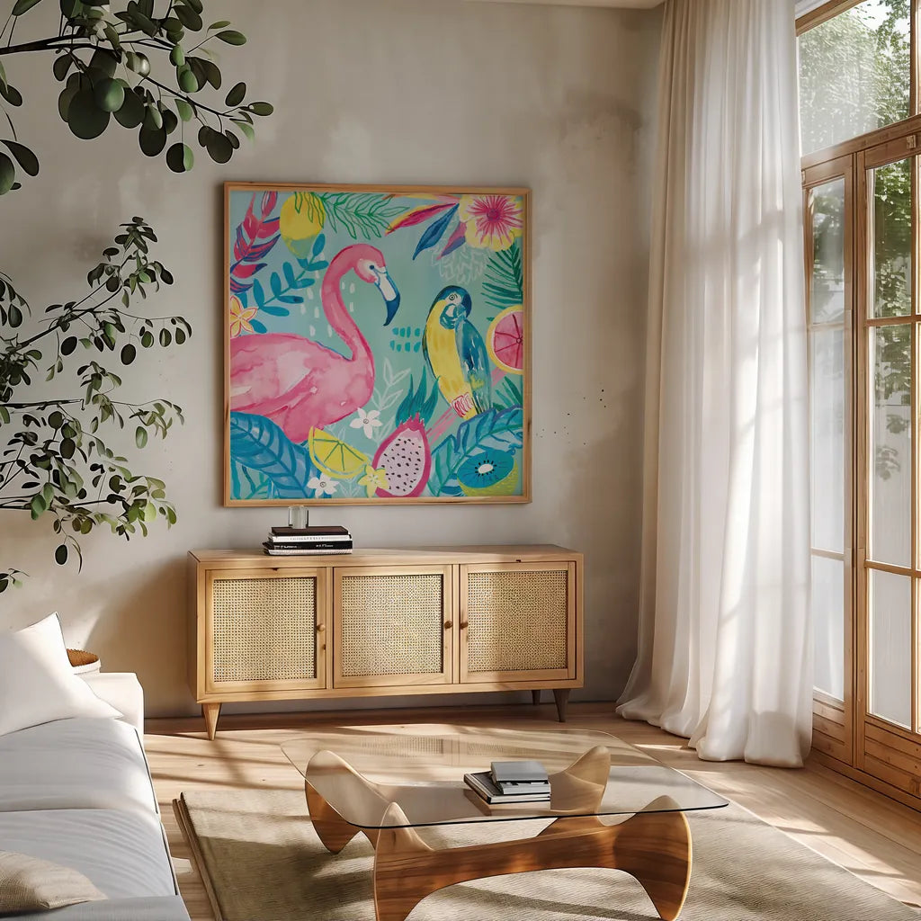 Fruity Flamingos IV by Farida Zaman. Shown in a natural wood frame in a cozy modern living room. Available as an archival giclee rolled canvas, fine art paper, or poster print. SKU 74749a.