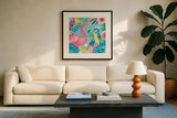 Fruity Flamingos IV by Farida Zaman. Displayed in a glass frame with matte in a clean modern living room. Available as an archival giclee rolled canvas, fine art paper, or poster print. SKU 74749a.