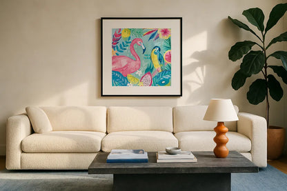 Fruity Flamingos IV by Farida Zaman. Displayed in a glass frame with matte in a clean modern living room. Available as an archival giclee rolled canvas, fine art paper, or poster print. SKU 74749a.
