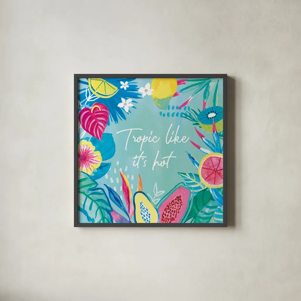 Fruity Flamingos IX by Farida Zaman. Shown in a sleek black glass frame for a contemporary gallery look. Available as an archival giclee rolled canvas, fine art paper, or poster print. SKU 74754a.