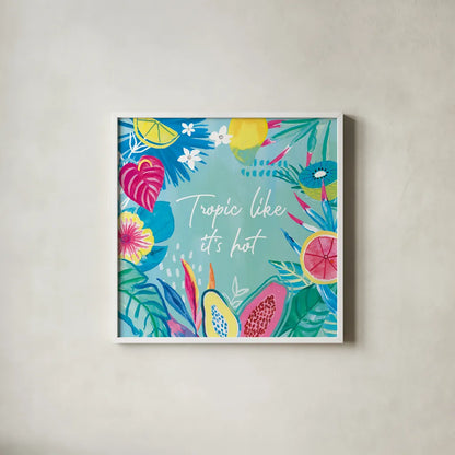 Fruity Flamingos IX by Farida Zaman. Shown in a crisp white glass frame for a clean and minimalist style. Available as an archival giclee rolled canvas, fine art paper, or poster print. SKU 74754a.