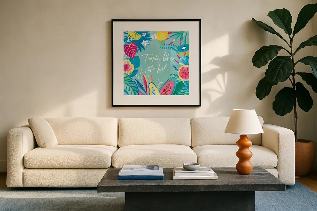 Fruity Flamingos IX by Farida Zaman. Displayed in a glass frame with matte in a clean modern living room. Available as an archival giclee rolled canvas, fine art paper, or poster print. SKU 74754a.