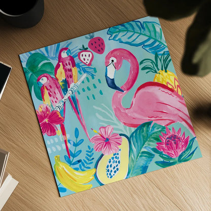 Fruity Flamingos V by Farida Zaman. Shown as a detailed flat fine art print, highlighting archival giclee quality. Available as an archival giclee rolled canvas, fine art paper, or poster print. SKU 74750a.