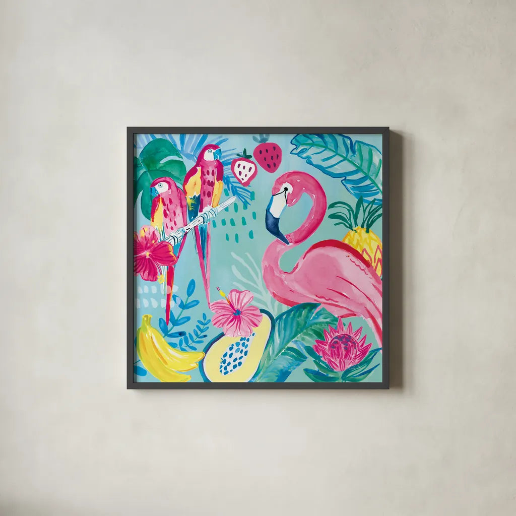 Fruity Flamingos V by Farida Zaman. Shown in a sleek black glass frame for a contemporary gallery look. Available as an archival giclee rolled canvas, fine art paper, or poster print. SKU 74750a.