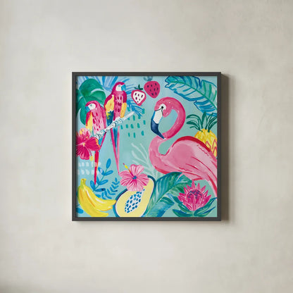 Fruity Flamingos V by Farida Zaman. Shown in a sleek black glass frame for a contemporary gallery look. Available as an archival giclee rolled canvas, fine art paper, or poster print. SKU 74750a.