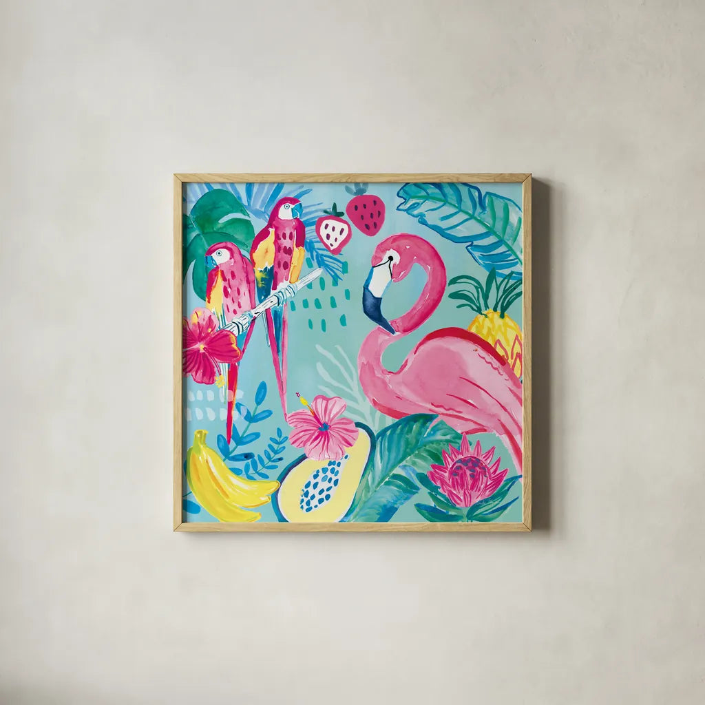 Fruity Flamingos V by Farida Zaman. Shown in a natural wood glass frame for a timeless modern aesthetic. Available as an archival giclee rolled canvas, fine art paper, or poster print. SKU 74750a.