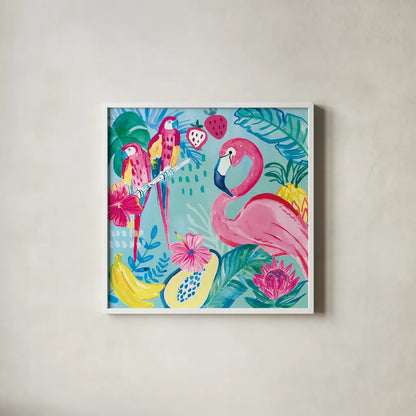 Fruity Flamingos V by Farida Zaman. Shown in a crisp white glass frame for a clean and minimalist style. Available as an archival giclee rolled canvas, fine art paper, or poster print. SKU 74750a.