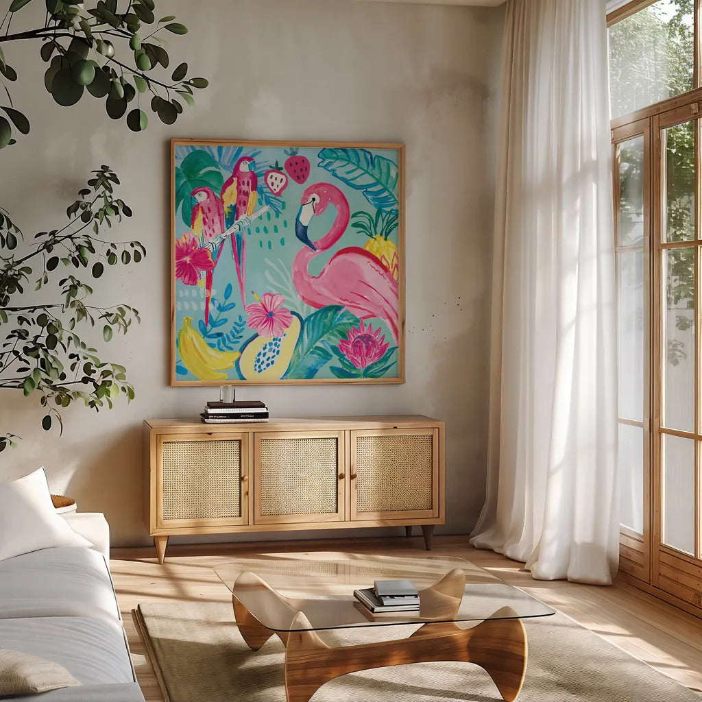 Fruity Flamingos V by Farida Zaman. Shown in a natural wood frame in a cozy modern living room. Available as an archival giclee rolled canvas, fine art paper, or poster print. SKU 74750a.