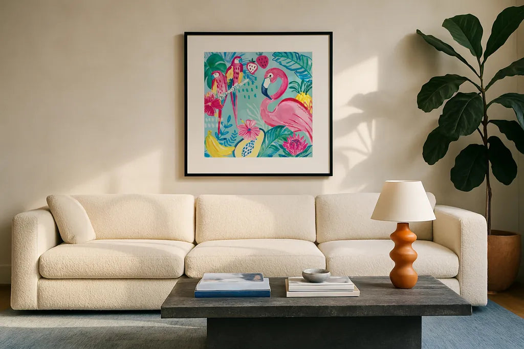 Fruity Flamingos V by Farida Zaman. Displayed in a glass frame with matte in a clean modern living room. Available as an archival giclee rolled canvas, fine art paper, or poster print. SKU 74750a.
