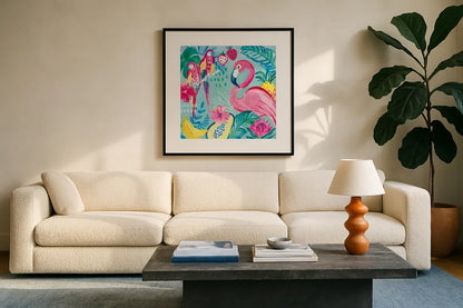 Fruity Flamingos V by Farida Zaman. Displayed in a glass frame with matte in a clean modern living room. Available as an archival giclee rolled canvas, fine art paper, or poster print. SKU 74750a.